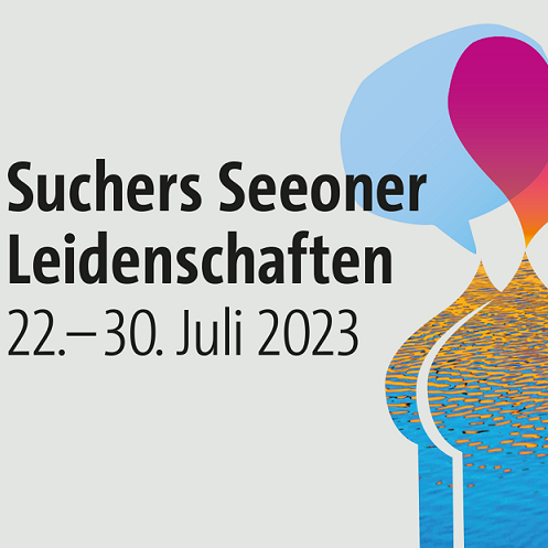 Titelmotiv der Veranstaltungsreihe "Suchers Seeoner Leidenschaften": links der Titel mit datum, rechts die Silhouette der Klostertürme, darüber eine blaue Sprechblase, ein pinkes Herz und grüne Musiknoten