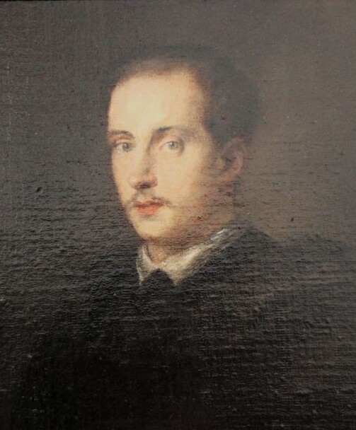 Port&auml;t des 4. Herzogs von Leuchtenberg, Nikolaus F&uuml;rst Romanowski: Der junge Herzog ist dunkel gekleidet, tr&auml;gt einen Schnurrbart und kurzes Haar. Sein Blick trifft den des Betrachters.