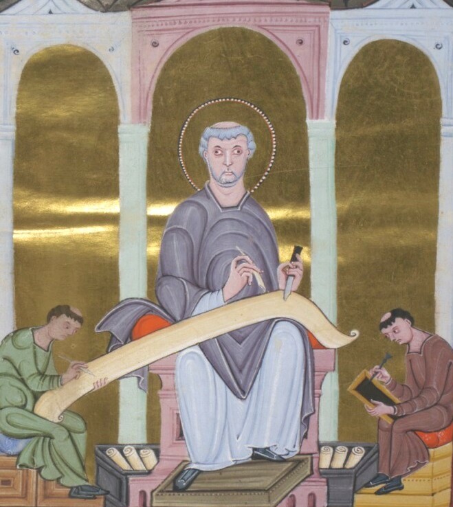 Wertvolle mittelalterliche Buchmalerei auf Pergament.: Vor einem goldenen Hintergrund der Hl. Hieronymus mit einer Schriftroll, rechts und links neben ihm zwei Mönche als Schreiber.