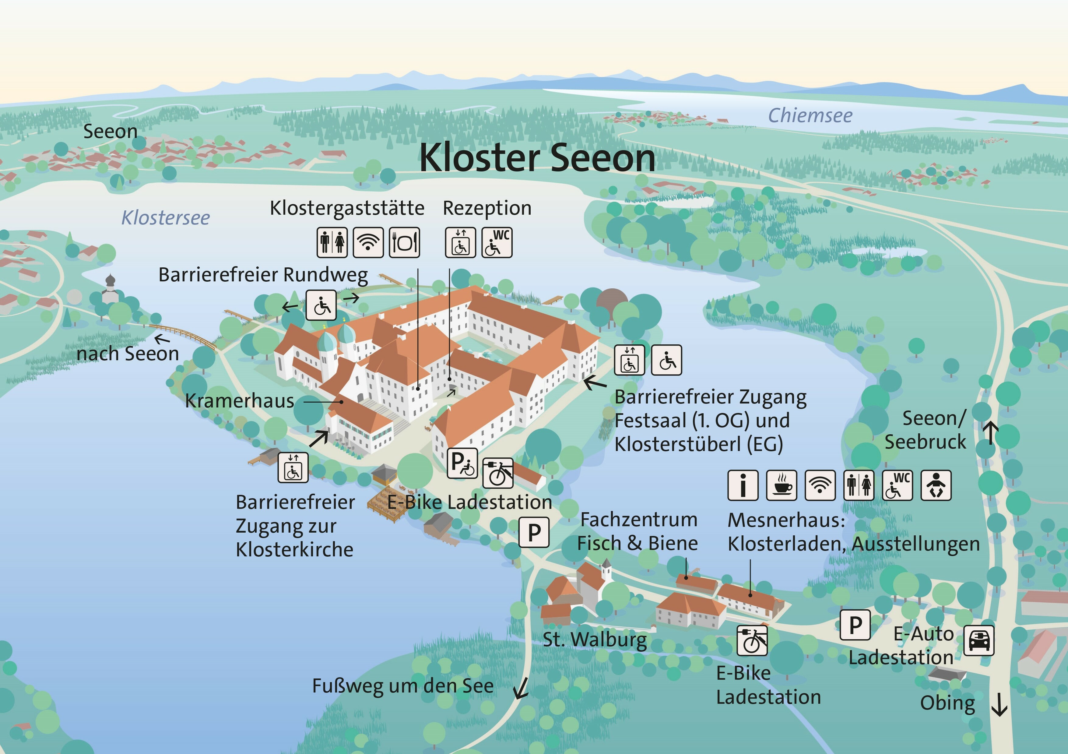 Übersichtsplan von Kloster Seeon mit Hinweissymbolen auf barrierefreie Zugänge, Parkmöglichkeiten