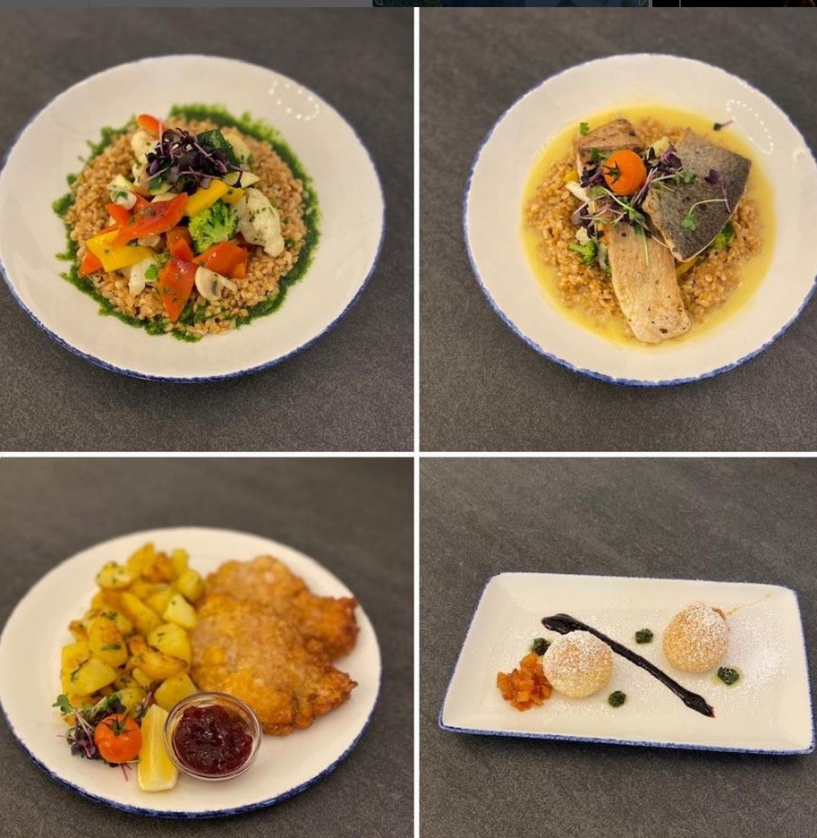 Collage aus vier Gerichte, schön angerichtet auf einem weißen Teller: oben links "Kloster-Korn-Kraft"; oben rechts "Seeoner Fischteller", unten links "Schnitzel Wiener Art", unten rechts: Haselnussknödel