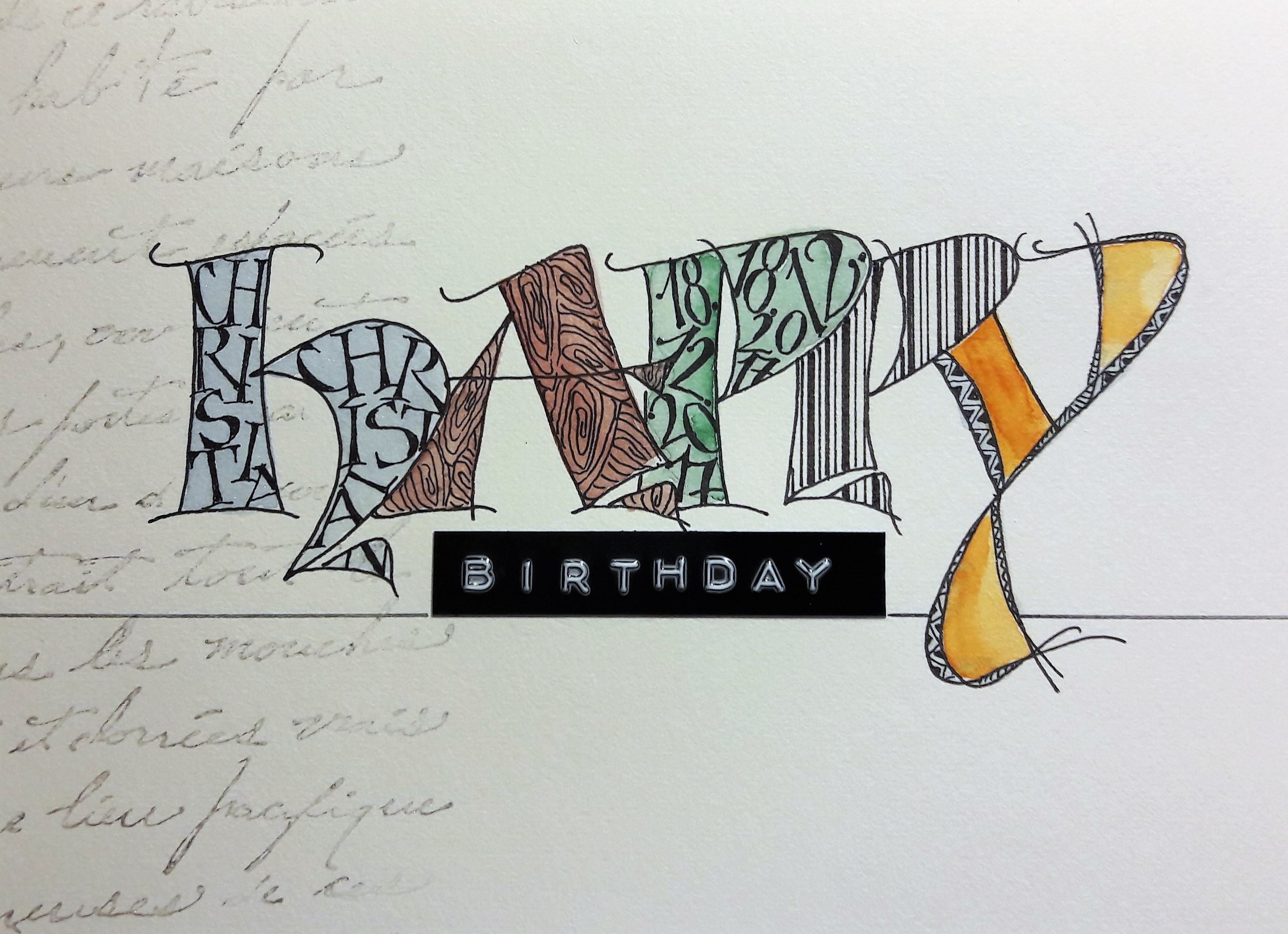 Eine selbstgestaltete Geburstagskarte mit dem Schriftzug Happy Birthday von Gisela zur Strassen