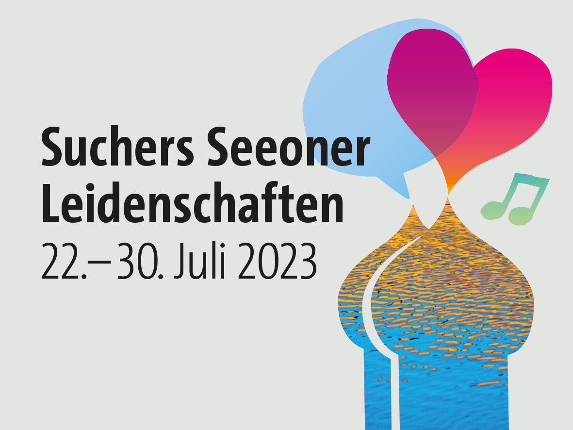 Titelmotiv der Veranstaltungsreihe "Suchers Seeoner Leidenschaften": links der Titel mit datum, rechts die Silhouette der Klostertürme, darüber eine blaue Sprechblase, ein pinkes Herz und grüne Musiknoten