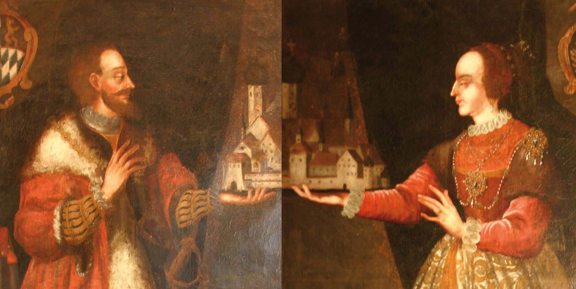 Das Gem&auml;lde aus dem 18. Jahrhundert zeigt rechts eine reich gekleidete Frau, die Pfalzgr&auml;fin Adala, und links ihren Gatten Ariob, ebenfalls in wertvollen Gew&auml;ndern. In der Mitte halten die beiden gemeinsam ein Modell des Klosters Seeon mit den markanten Zwiebelt&uuml;rmen.