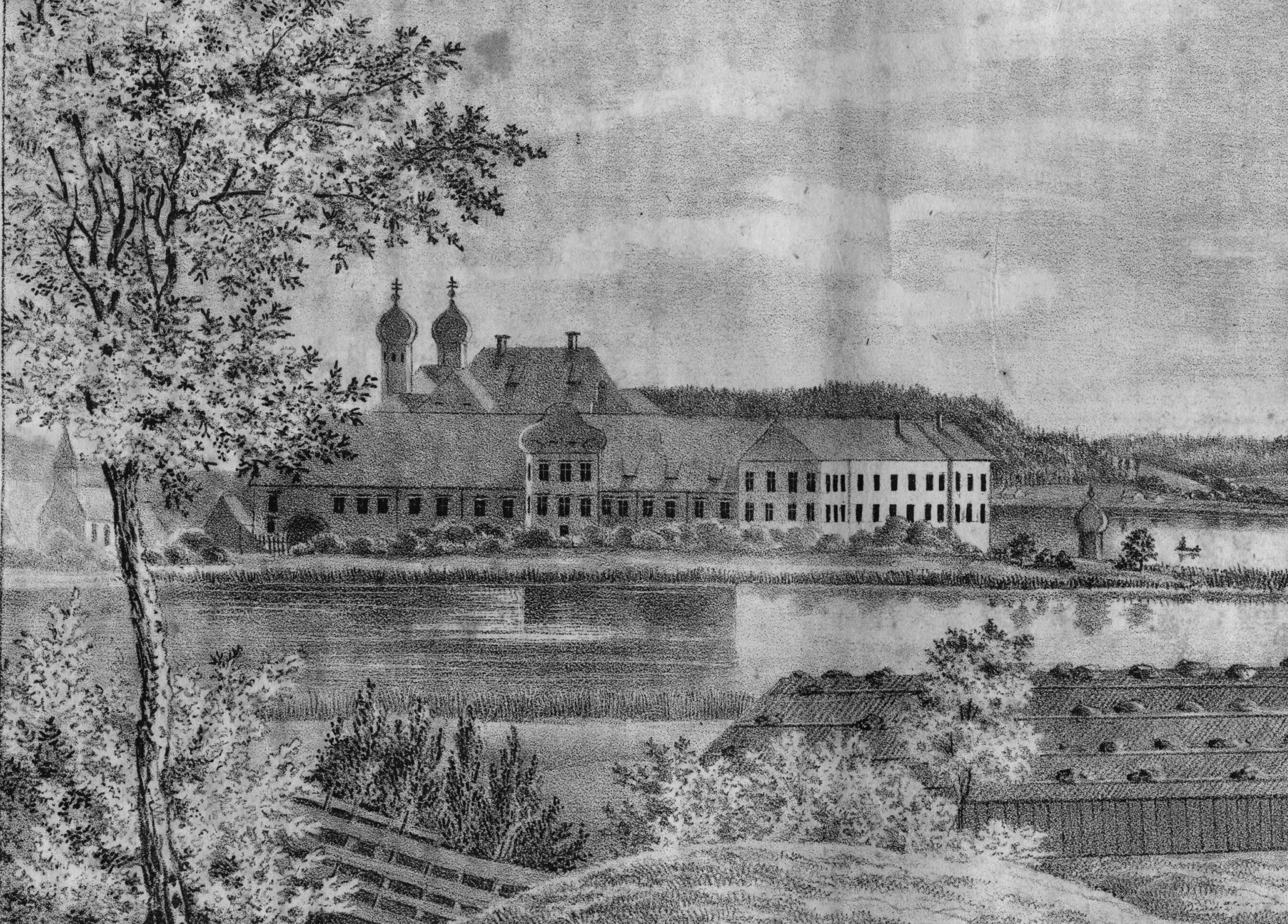 Eine schwarz-wei&szlig;e Abbildung von Kloster Seeon um 1840: Im Vordergrund ein Baum, B&uuml;sche und das Dach eines Bauernhauses, dahinter ein Teil des Sees. Im Hintergrund die langgezogene Klosternalge von der Westseite gesehen mit den barocken Zwiebelt&uuml;rmen der Klosterkirche. Rechts im Hintergrund am entfernten Ufer das Dorf Niederseeon.