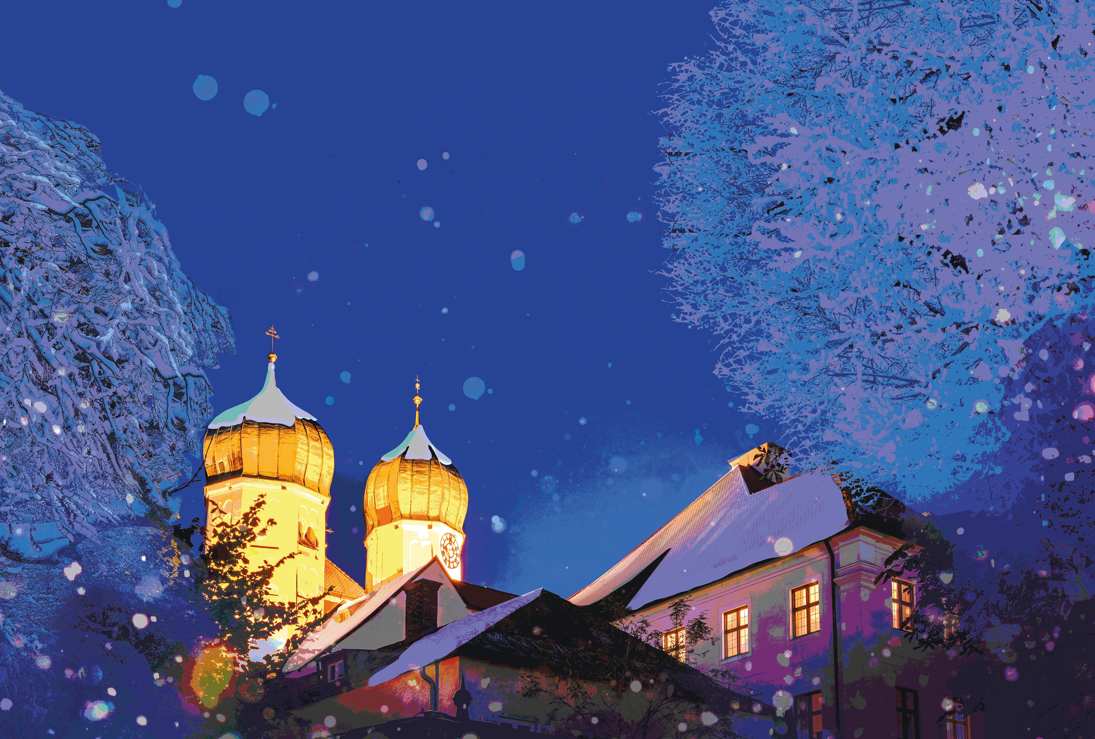 Eine Grafik mit den Türmen der Seeoner Pfarrkirche im Winterkleid (c) Günter Standl