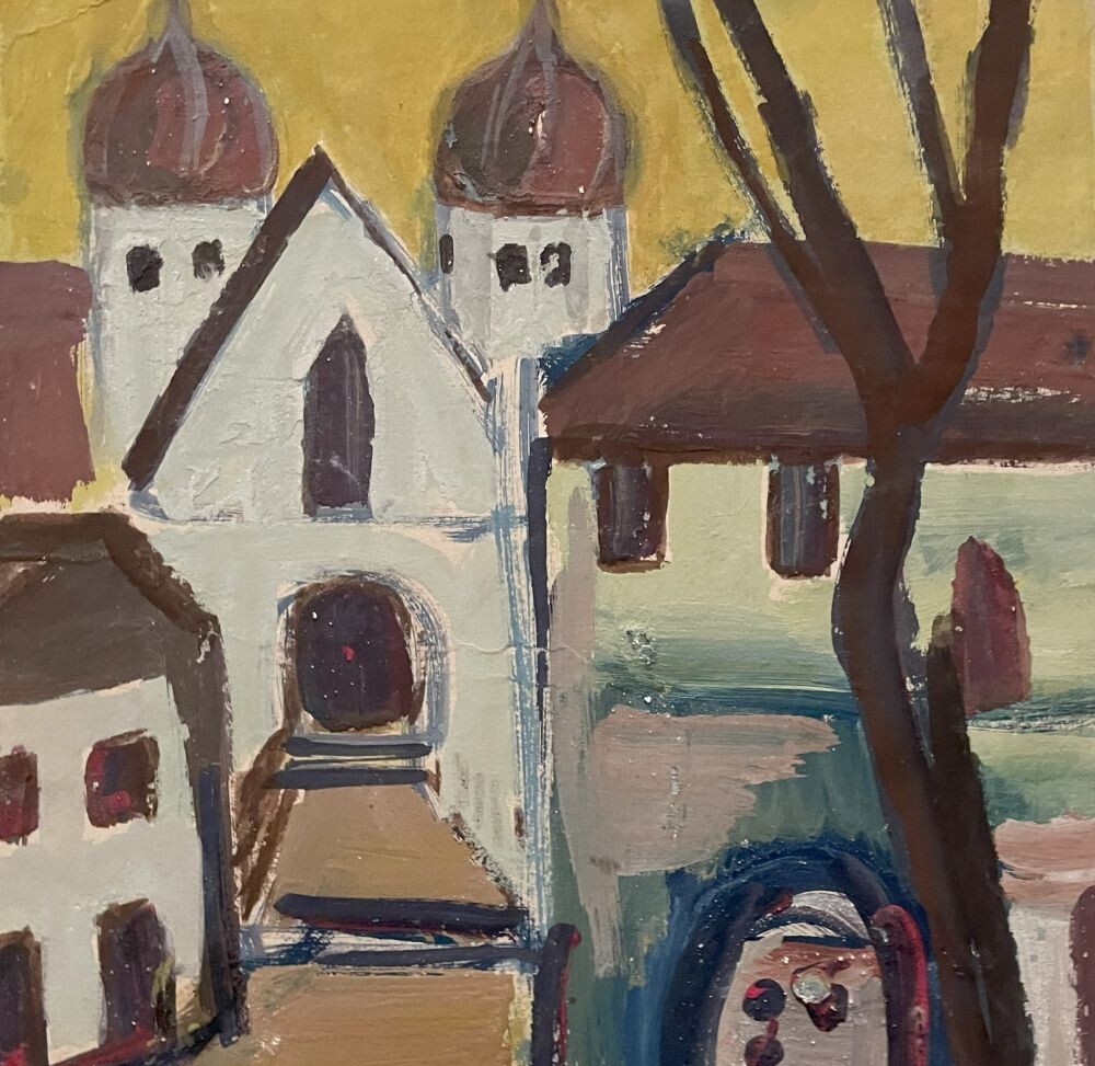 Die Malerei zeigt Eingang zu Kirche und Fl&uuml;chtlingslager Schloss Seeon, in br&auml;unlichen Farben gehalten.