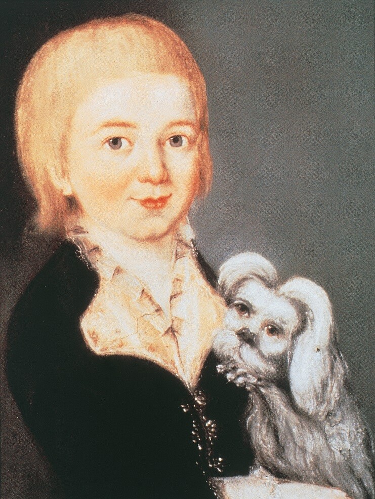 Porträt eines hellhaarigen Kindes vermutlich aus dem 18. Jahrhundert, bekleidet mit einer schwarzen Jacke und eine weißen Kragen, auf seinem Schoß ein grau-weißes Hündchen